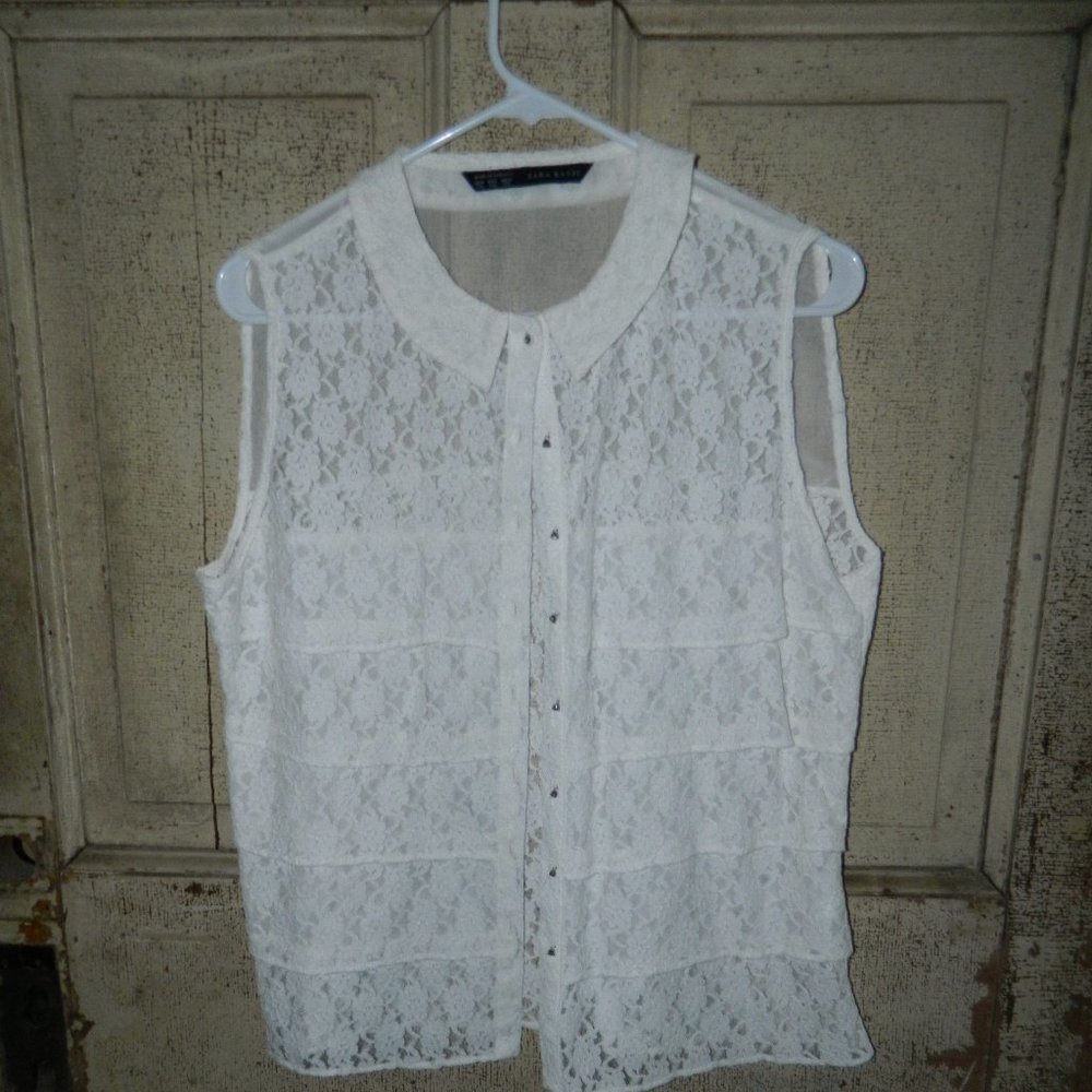 Zara Basic White Lace Button Front Shirt Size XL (EE-24)